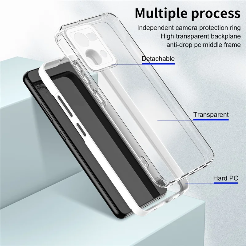 For Oppo Reno7 4G / Reno8 4G / F21 Pro 4G TPU Backplate + PC Frame + PC Camera Ring Hybrid Case 3-in-1 Clear Protection Cover - White