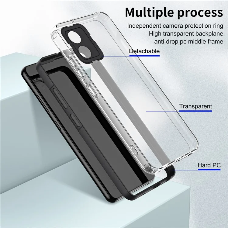 For Motorola Moto E13 4G 3-in-1 Transparent Phone Cover Camera Protection TPU + PC Drop-proof Case - Black