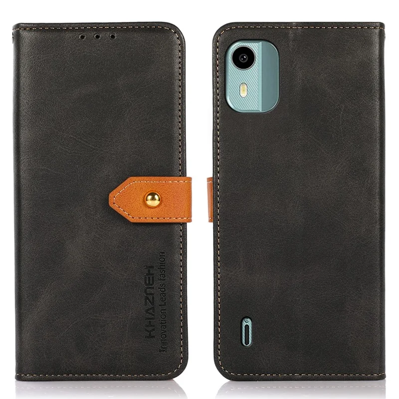 KHAZNEH For Nokia C12 4G / C12 Plus / C12 Pro Phone Leather Cover Gold Button Magnetic Case with Stand Wallet - Black