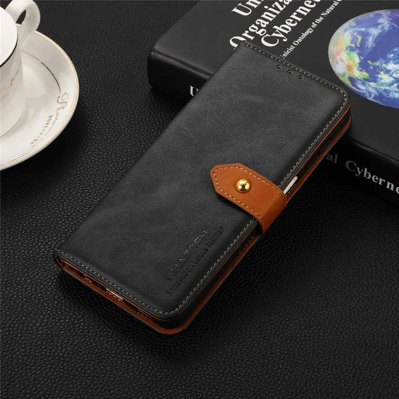KHAZNEH For Nokia C12 4G / C12 Plus / C12 Pro Phone Leather Cover Gold Button Magnetic Case with Stand Wallet - Black