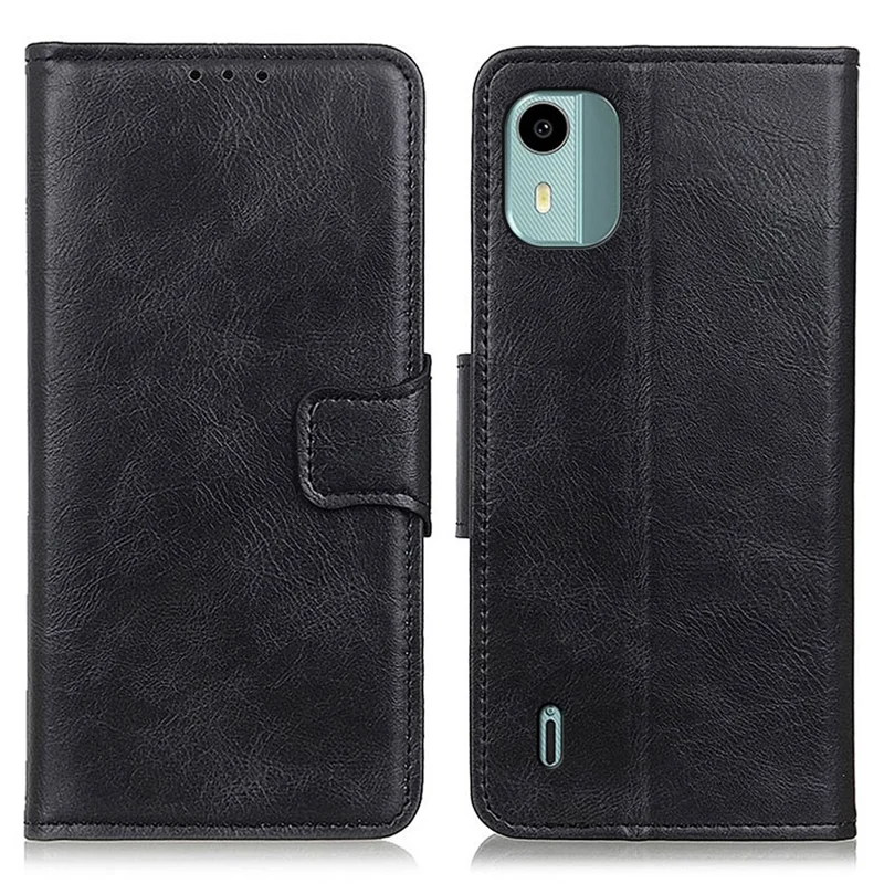 For Nokia C12 4G / C12 Plus / C12 Pro Cell Phone Wallet Case Crazy Horse Texture Leather Cover with Stand - Black