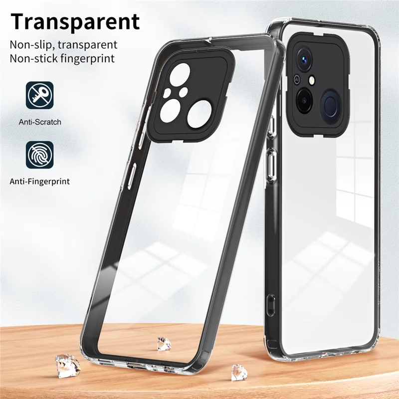 TPU PC Phone Case for Xiaomi Redmi 12C 4G Anti-Drop 3-in-1 Clear Cover with PC Camera Frame - Black