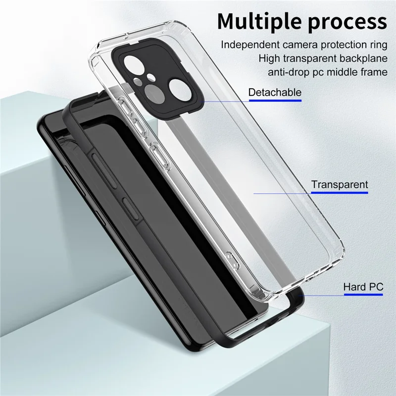 TPU PC Phone Case for Xiaomi Redmi 12C 4G Anti-Drop 3-in-1 Clear Cover with PC Camera Frame - Black