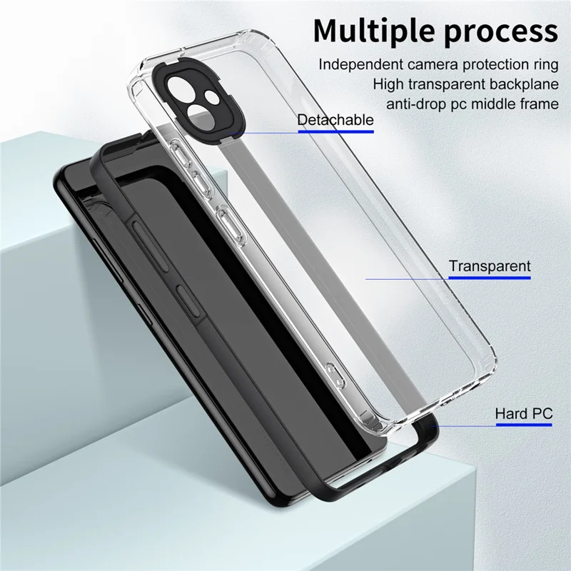 For Samsung Galaxy A04e 4G / F04 4G / M04 4G Shockproof Case 3-in-1 TPU PC Phone Cover with PC Camera Frame - Black