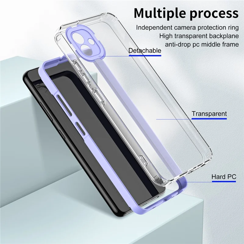 For Samsung Galaxy A04e 4G / F04 4G / M04 4G Shockproof Case 3-in-1 TPU PC Phone Cover with PC Camera Frame - Purple