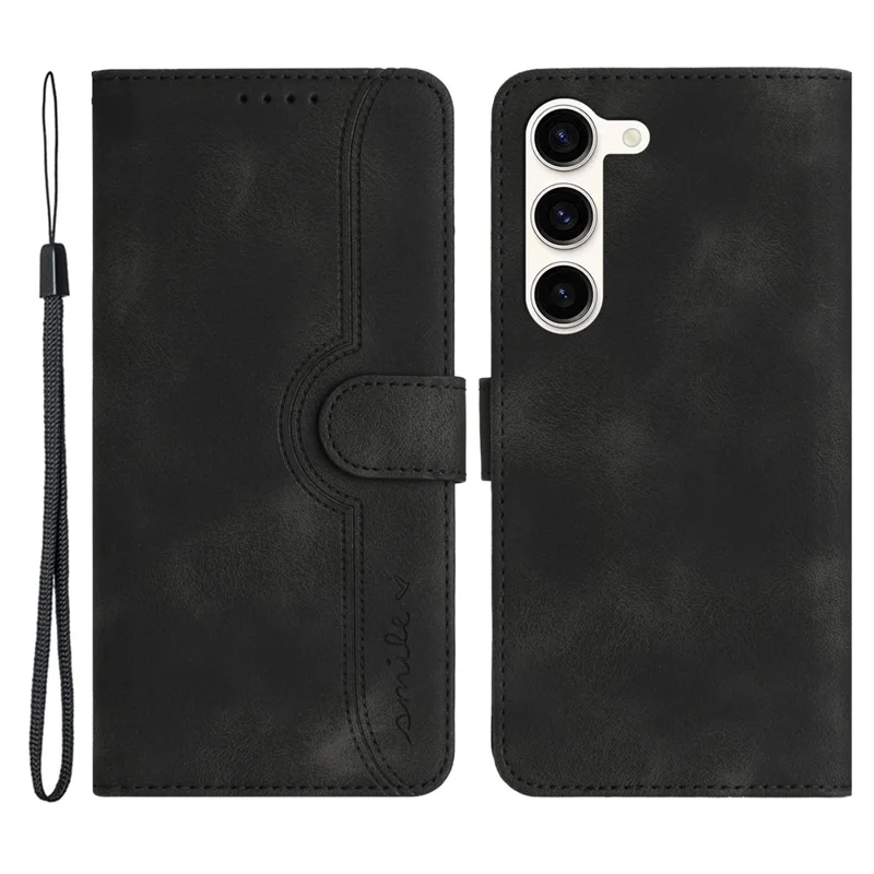 YX003 For Samsung Galaxy S23 Cell Phone Case Anti-Scratch PU Leather Wallet Stand Imprinted Smile Pattern Cover - Black