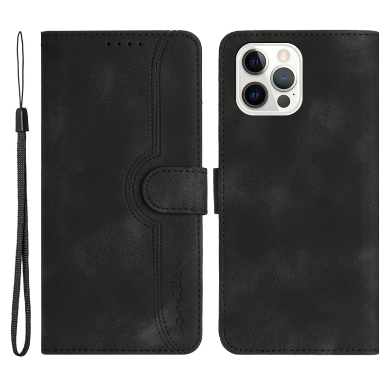 YX003 For iPhone 14 Pro Max Imprinted Smile Pattern Phone Case PU Leather Wallet Stand Cover - Black