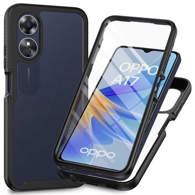 Per Oppo A17 4G Custodia per telefono antiurto PC+TPU Custodia trasparente per telefono con pellicola protettiva per schermo in PET - Nero