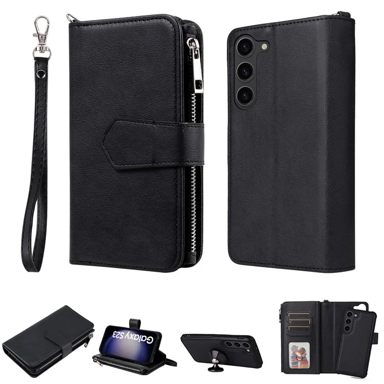 KT Multi-functional Series-4 Leather Phone Case para Samsung Galaxy S23+, Carteira com Suporte Zíper Destacável Capa Magnética - Preto