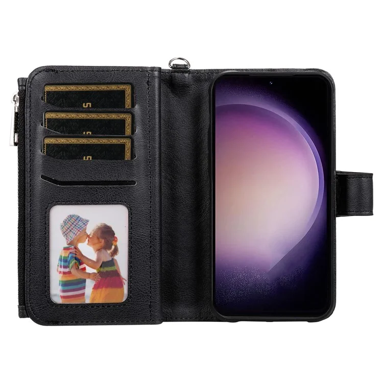 KT Multi-functional Series-4 Leather Phone Case para Samsung Galaxy S23+, Carteira com Suporte Zíper Destacável Capa Magnética - Preto