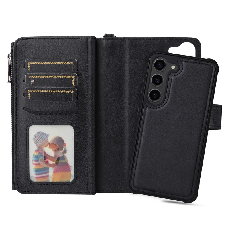 KT Multi-functional Series-4 Leather Phone Case para Samsung Galaxy S23+, Carteira com Suporte Zíper Destacável Capa Magnética - Preto