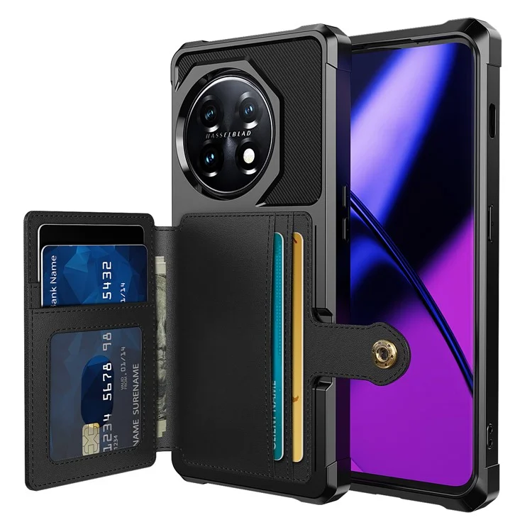 ZM03 Para OnePlus 11 5G Capa à prova de choque em couro PU revestido de TPU, tampa do telefone com porta-cartões, suporte - preto