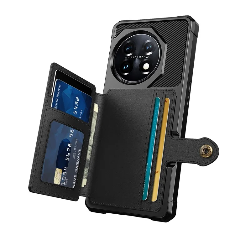 ZM03 Para OnePlus 11 5G Capa à prova de choque em couro PU revestido de TPU, tampa do telefone com porta-cartões, suporte - preto