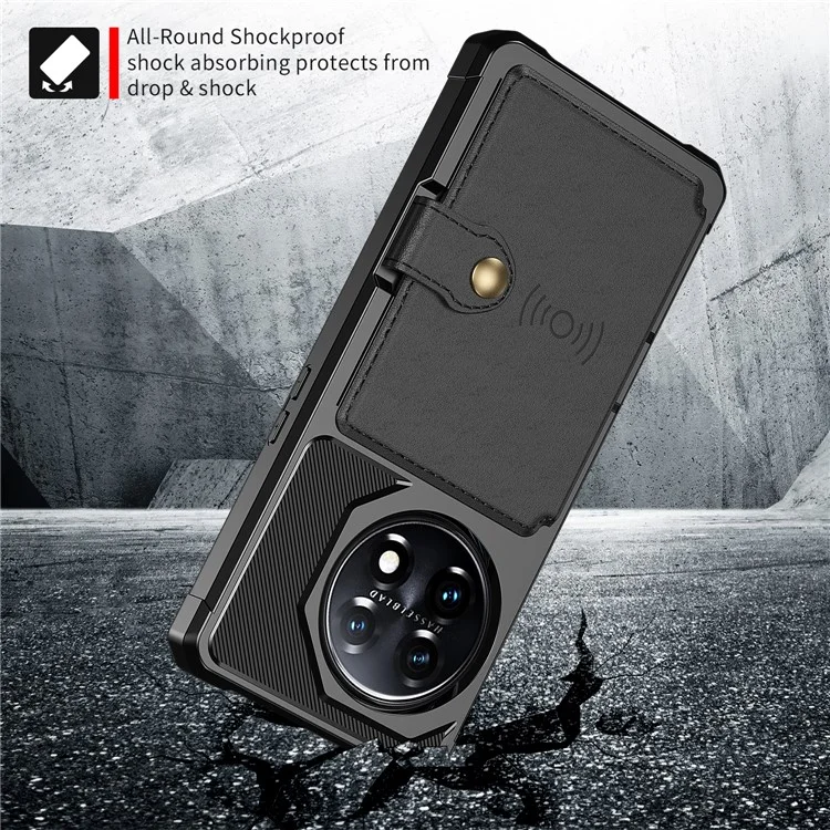 ZM03 Para OnePlus 11 5G Capa à prova de choque em couro PU revestido de TPU, tampa do telefone com porta-cartões, suporte - preto