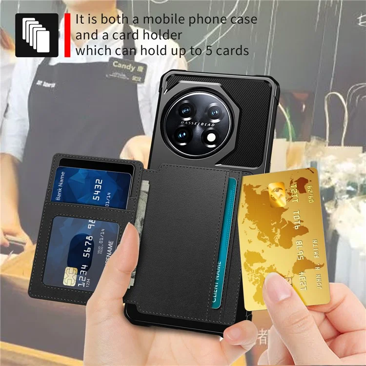 ZM03 Para OnePlus 11 5G Capa à prova de choque em couro PU revestido de TPU, tampa do telefone com porta-cartões, suporte - preto