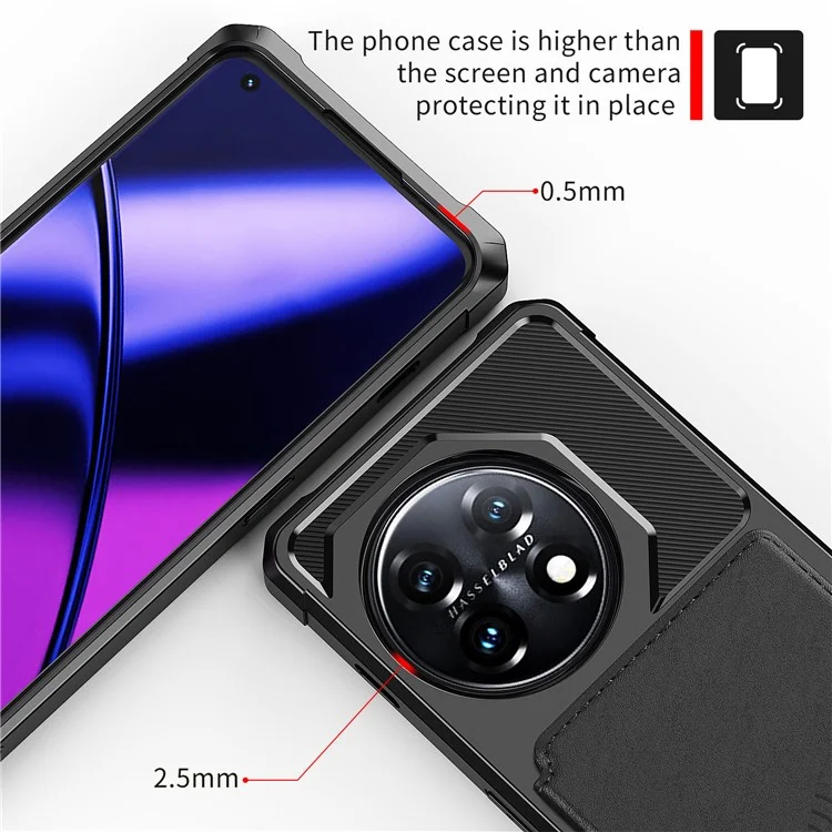 ZM03 Para OnePlus 11 5G Capa à prova de choque em couro PU revestido de TPU, tampa do telefone com porta-cartões, suporte - preto