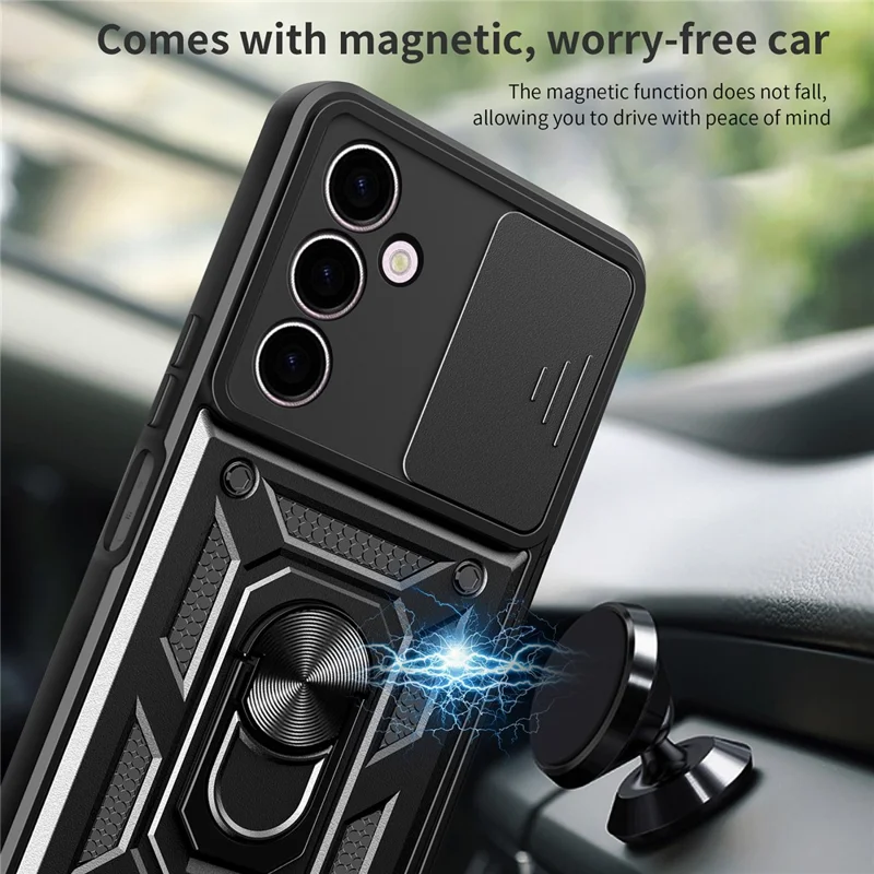 Para Samsung Galaxy A24 4G (162.1 x 77.6 x 8.3mm) Funda de teléfono con soporte resistente a golpes PC+TPU, protección de la lente deslizante - Negro
