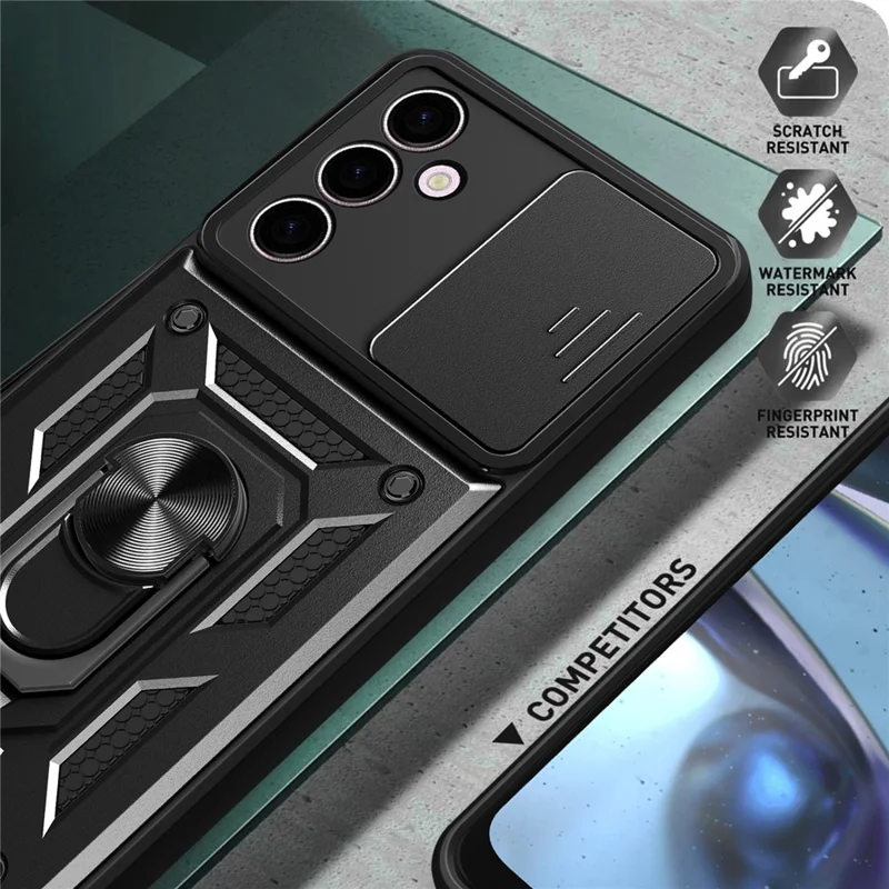 Para Samsung Galaxy A24 4G (162.1 x 77.6 x 8.3mm) Funda de teléfono con soporte resistente a golpes PC+TPU, protección de la lente deslizante - Negro