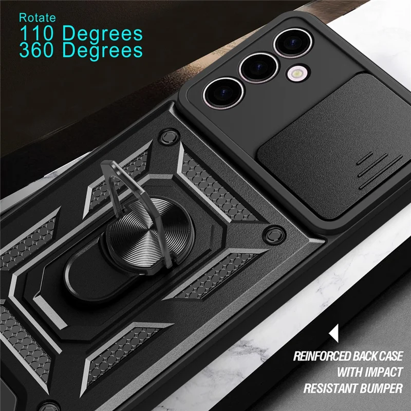 Para Samsung Galaxy A24 4G (162.1 x 77.6 x 8.3mm) Funda de teléfono con soporte resistente a golpes PC+TPU, protección de la lente deslizante - Negro