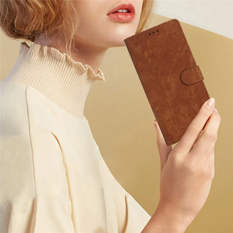 For Samsung Galaxy S23+ Leather Wallet Shell Solid Color Skin-touch Folding Stand Phone Case - Brown