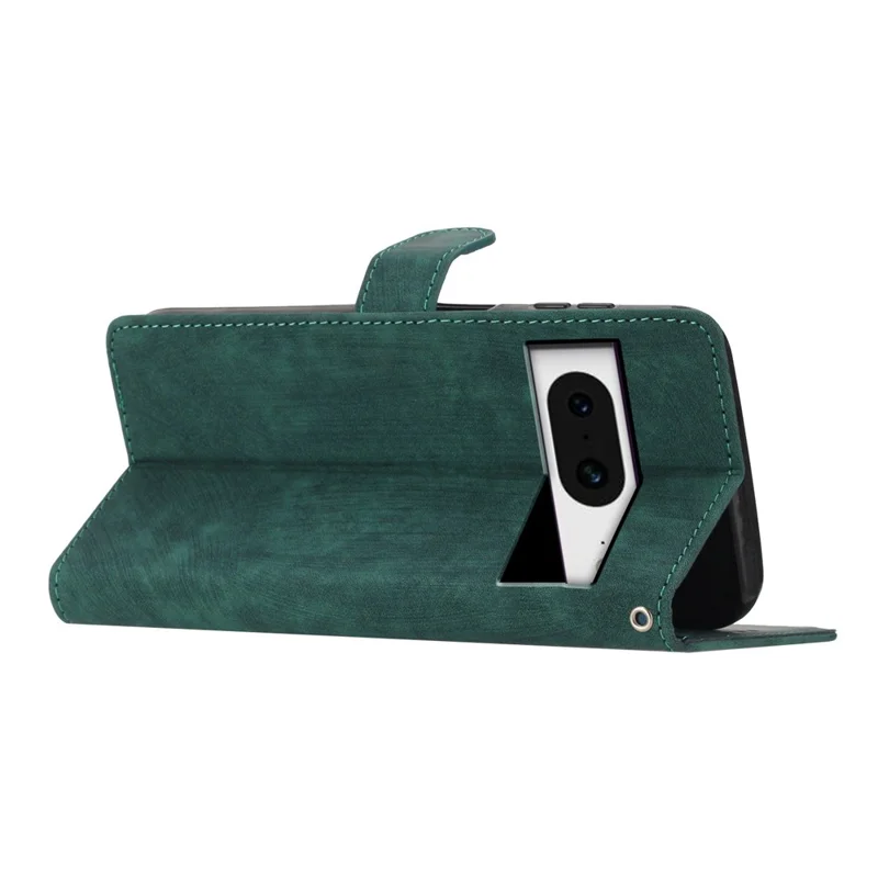 For Google Pixel 8 Ensfarvet Læderwallet med Ståfunktion og Handsæk - Grøn