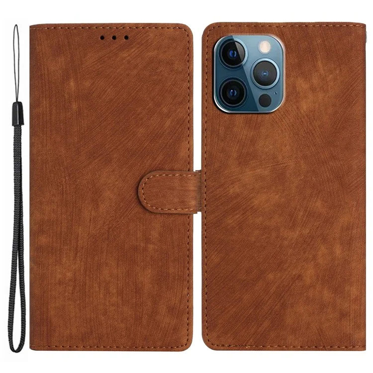 Funda de cuero con textura de piel para iPhone 14 Pro Max, de color sólido, anti-caída y con soporte - Marrón