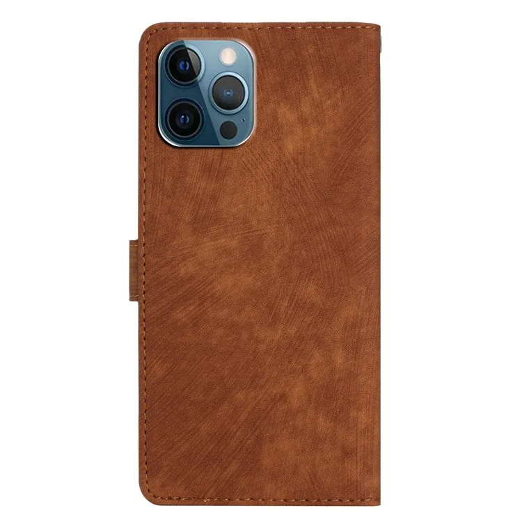 Funda de cuero con textura de piel para iPhone 14 Pro Max, de color sólido, anti-caída y con soporte - Marrón