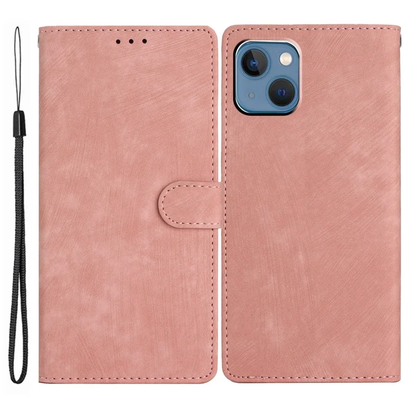 Wallet Shell for iPhone 14 Solid Color Skin-touch PU Leather Anti-collision Stand Phone Case - Rose Gold