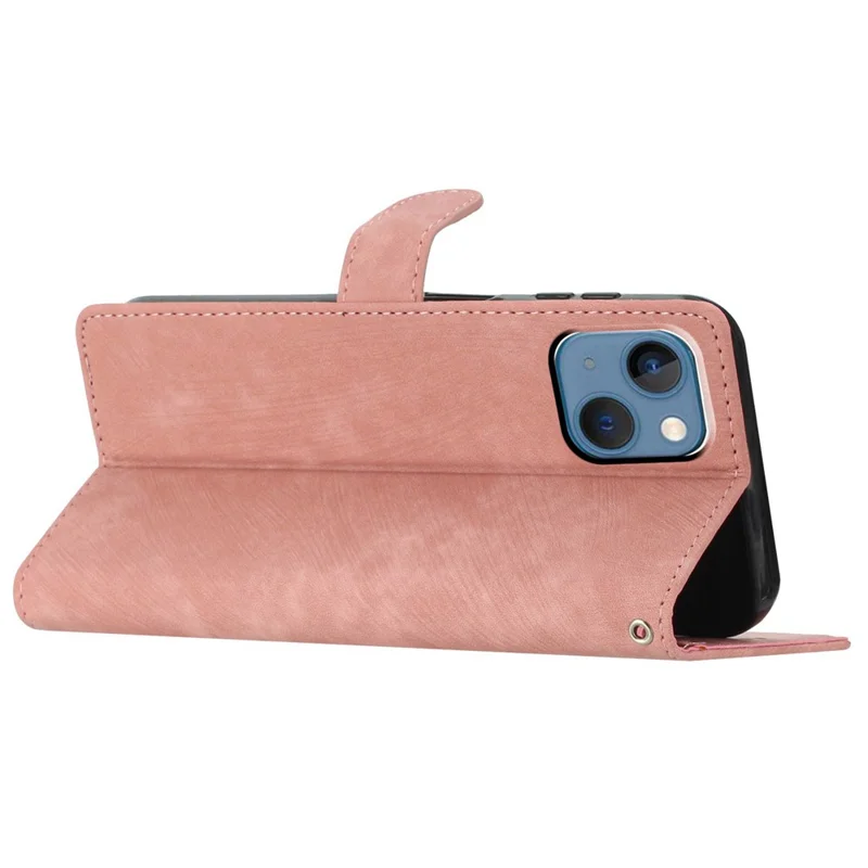 Wallet Shell for iPhone 14 Solid Color Skin-touch PU Leather Anti-collision Stand Phone Case - Rose Gold