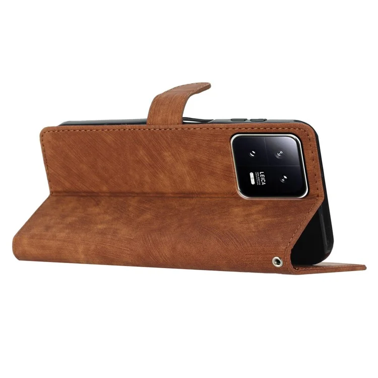 Para Xiaomi 13 5G Solid Color Folio Flip PU Leather Wallet Cover Skin-touch Stand Phone Case - Marrón