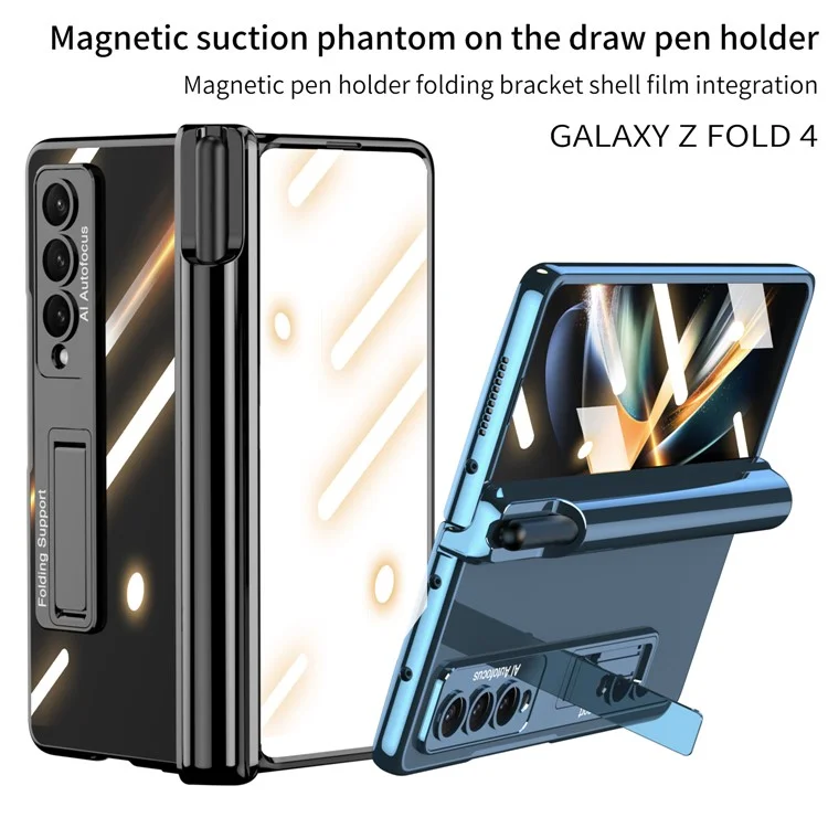 GKK Custodia protettiva con supporto per Samsung Galaxy Z Fold4 5G, custodia in PC rigido con protezione dello schermo HD - Nero