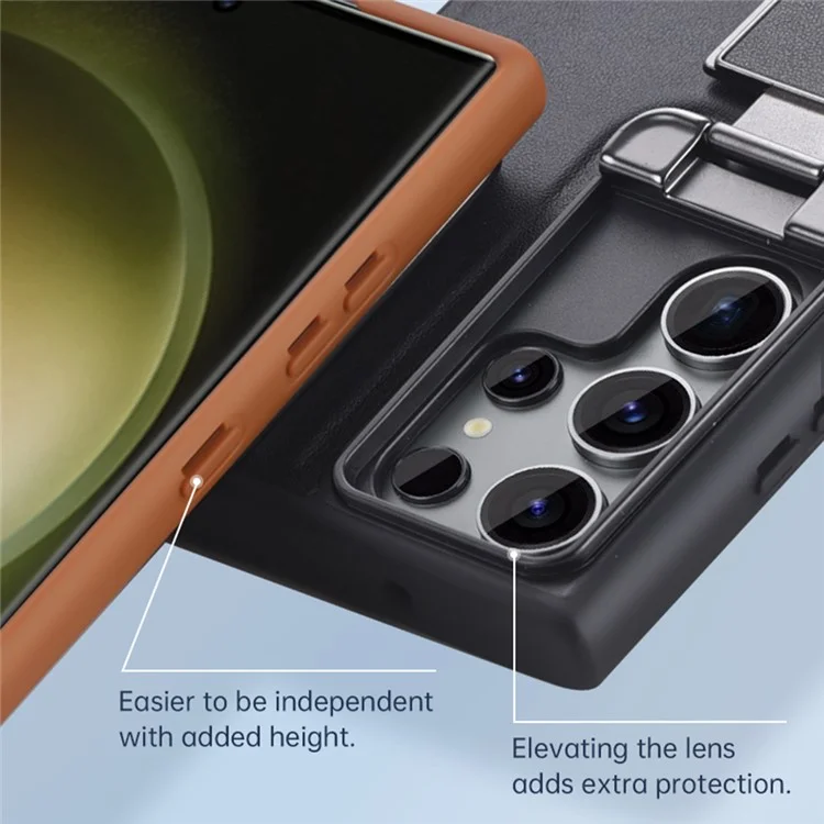 TPU PU Leather Case for Samsung Galaxy S23 Ultra 5G Anti-Drop Protective Cell Phone Shell with Lens Cover Kickstand - Black