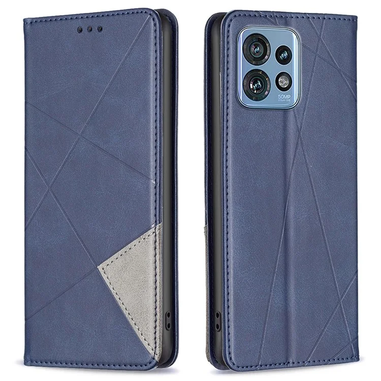 For Motorola Edge 40 Pro 5G / Moto X40 5G Imprinting Pattern PU Leather Card Holder Splicing Phone Stand Cover - Blue