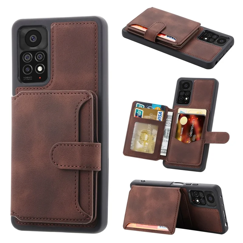 For Xiaomi Redmi Note 11 4G (Qualcomm) / Note 11S 4G RFID Blocking Phone Case Kickstand Wallet Leather+TPU Cover - Coffee