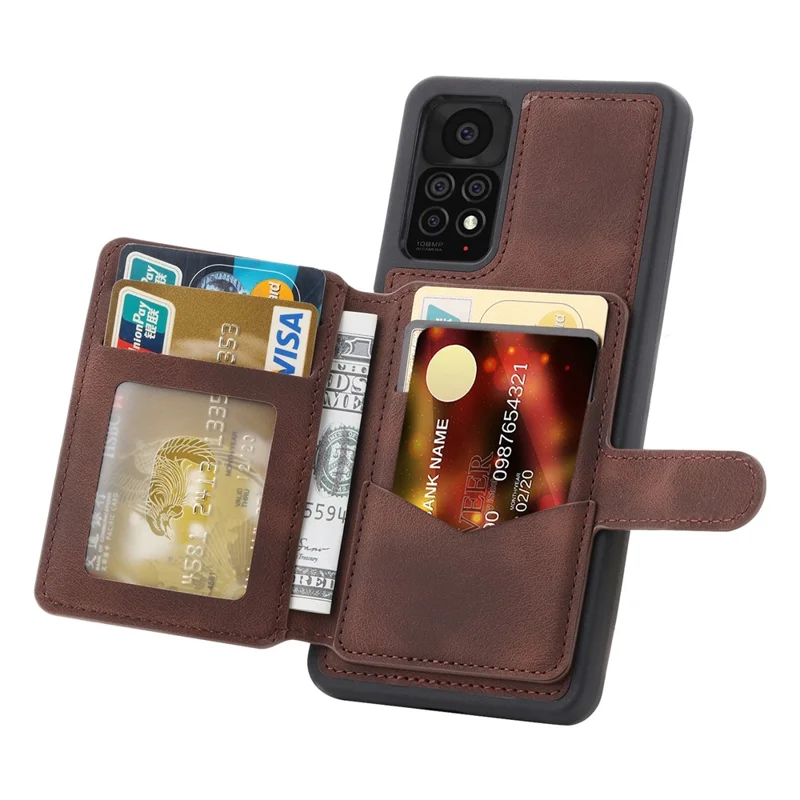 For Xiaomi Redmi Note 11 4G (Qualcomm) / Note 11S 4G RFID Blocking Phone Case Kickstand Wallet Leather+TPU Cover - Coffee