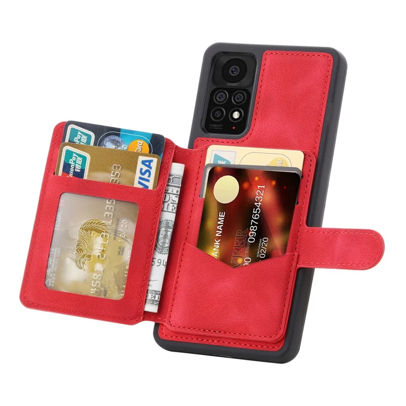 For Xiaomi Redmi Note 11 4G (Qualcomm) / Note 11S 4G RFID Blocking Phone Case Kickstand Wallet Leather+TPU Cover - Red
