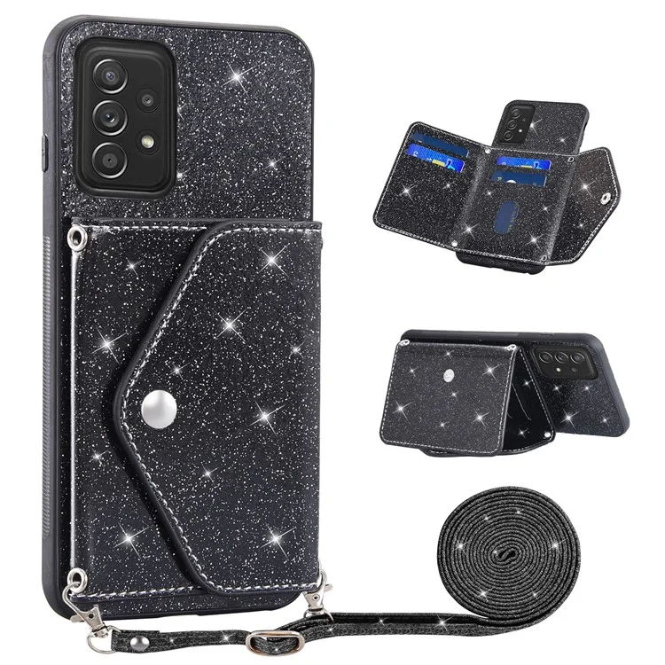 For Samsung Galaxy A73 5G Phone Cover Card Holder Glitter  Kickstand Leather Coated TPU Case - Black