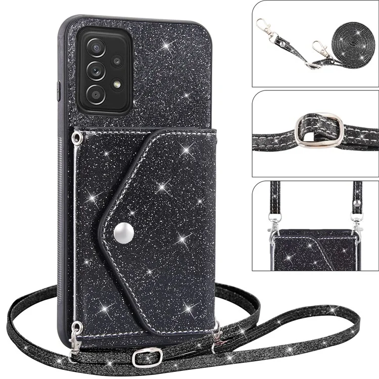 For Samsung Galaxy A73 5G Phone Cover Card Holder Glitter  Kickstand Leather Coated TPU Case - Black