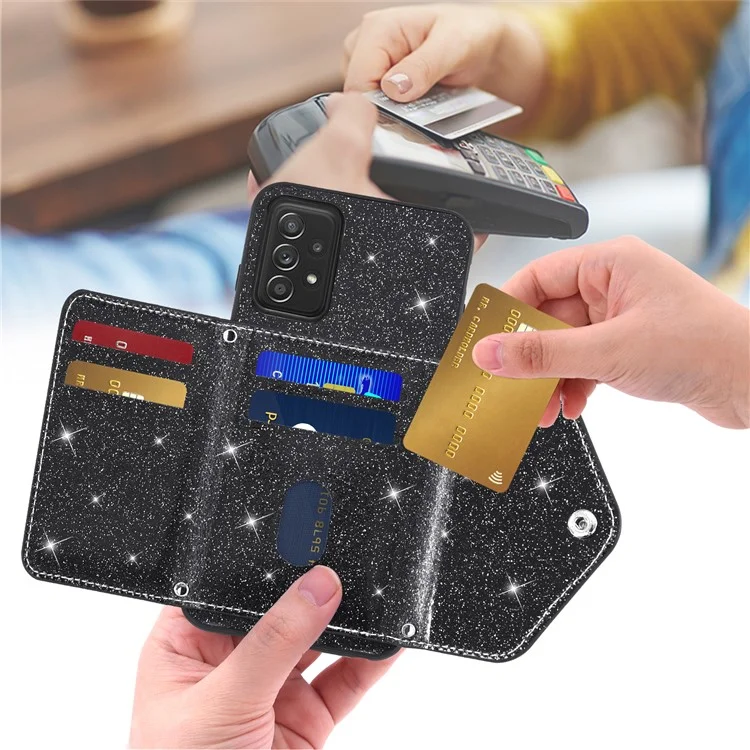For Samsung Galaxy A73 5G Phone Cover Card Holder Glitter  Kickstand Leather Coated TPU Case - Black