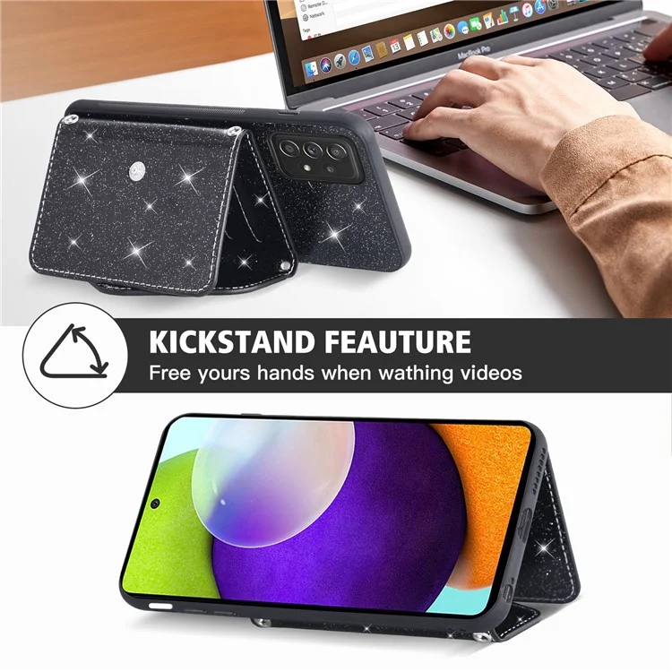 For Samsung Galaxy A73 5G Phone Cover Card Holder Glitter  Kickstand Leather Coated TPU Case - Black