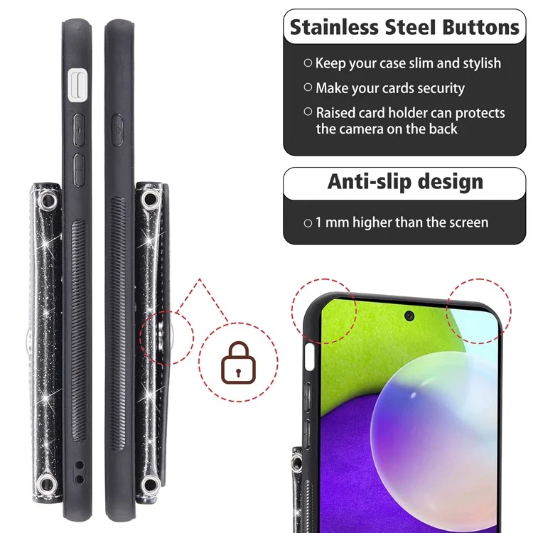 For Samsung Galaxy A73 5G Phone Cover Card Holder Glitter  Kickstand Leather Coated TPU Case - Black