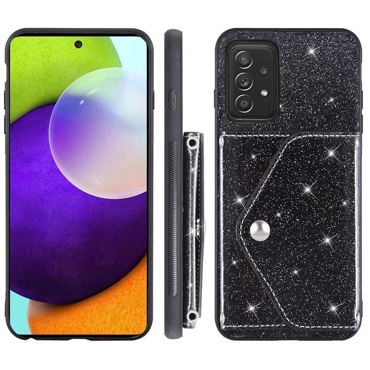 For Samsung Galaxy A73 5G Phone Cover Card Holder Glitter  Kickstand Leather Coated TPU Case - Black