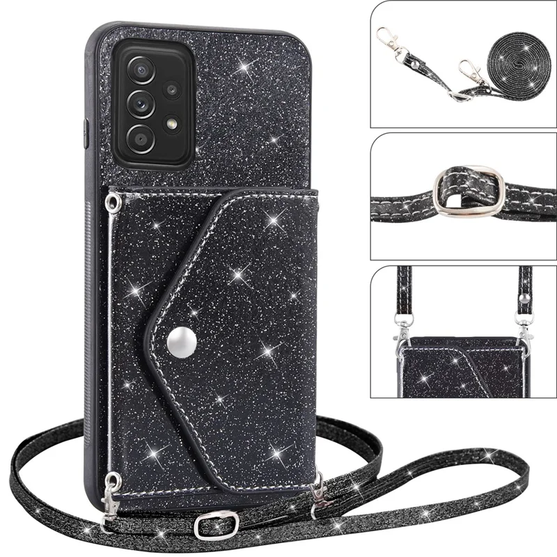 Para Samsung Galaxy A72 5G / 4G Kickstand PU Leather+TPU Phone Case Glitter Phone Cover Card Holder Shell - Preto