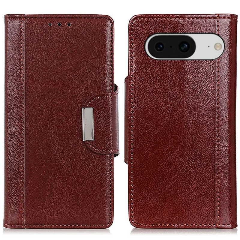 Phone Wallet Case for Google Pixel 8 , Anti-scratch PU Leather Cowhide Texture Stand Cover - Brown