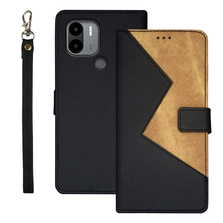 IDEWEI Per Xiaomi Poco C51 4G Bi-Color Phone Stand Case Card Holder Custodia in Pelle Antiurto - Nero