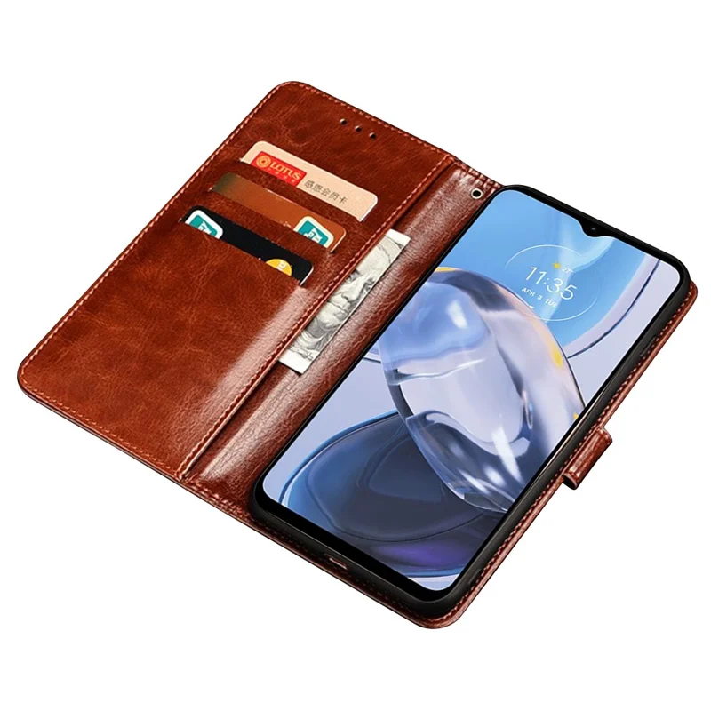 IDEWEI For Motorola Moto E13 4G Wallet Phone Case Crazy Horse Texture Stand PU Leather Cover - Brown