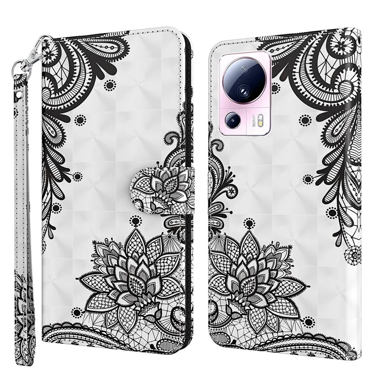 Для Xiaomi 13 Lite / Civi 2 5G чехол-бумажник из искусственной кожи с 3D-печатью, подставка для телефона с ремешком - Кружевной цветок