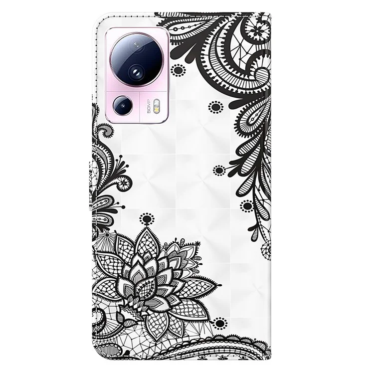 Для Xiaomi 13 Lite / Civi 2 5G чехол-бумажник из искусственной кожи с 3D-печатью, подставка для телефона с ремешком - Кружевной цветок