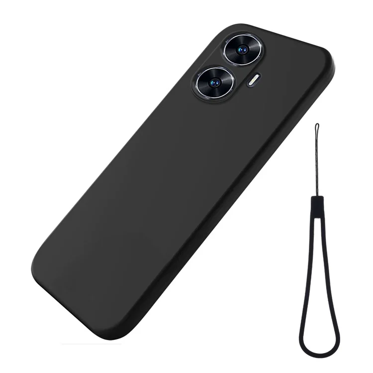 Handyhülle für Realme C55, flüssiges Silikon, weiche Auskleidung, stoßfeste Abdeckung mit Armband - Schwarz