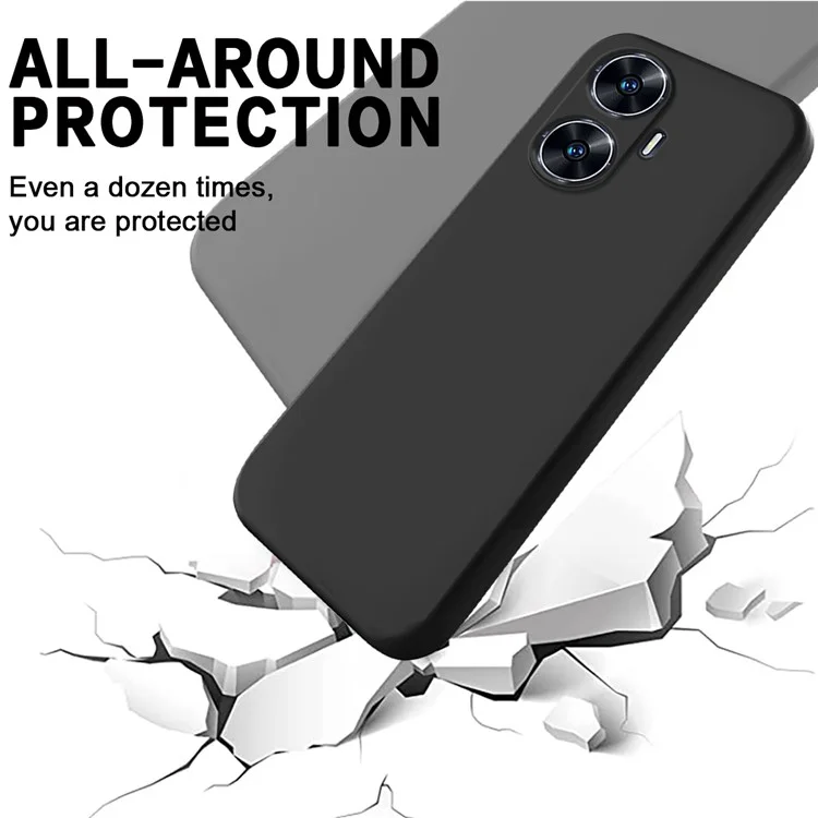 Mobile Phone Case for Realme C55 , Liquid Silicone Soft Lining Anti-drop Cover with Strap - Black